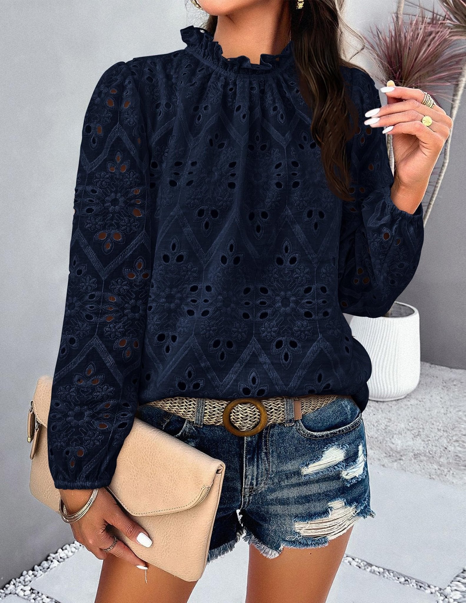 PRETTYGARDEN Womens Blouses Dressy Casual Embroidered Long Puff Sleeve Shirts Ruffle Eyelet Lace Top Fall Clothes (Navy,Medium) - Bella Blue Styles