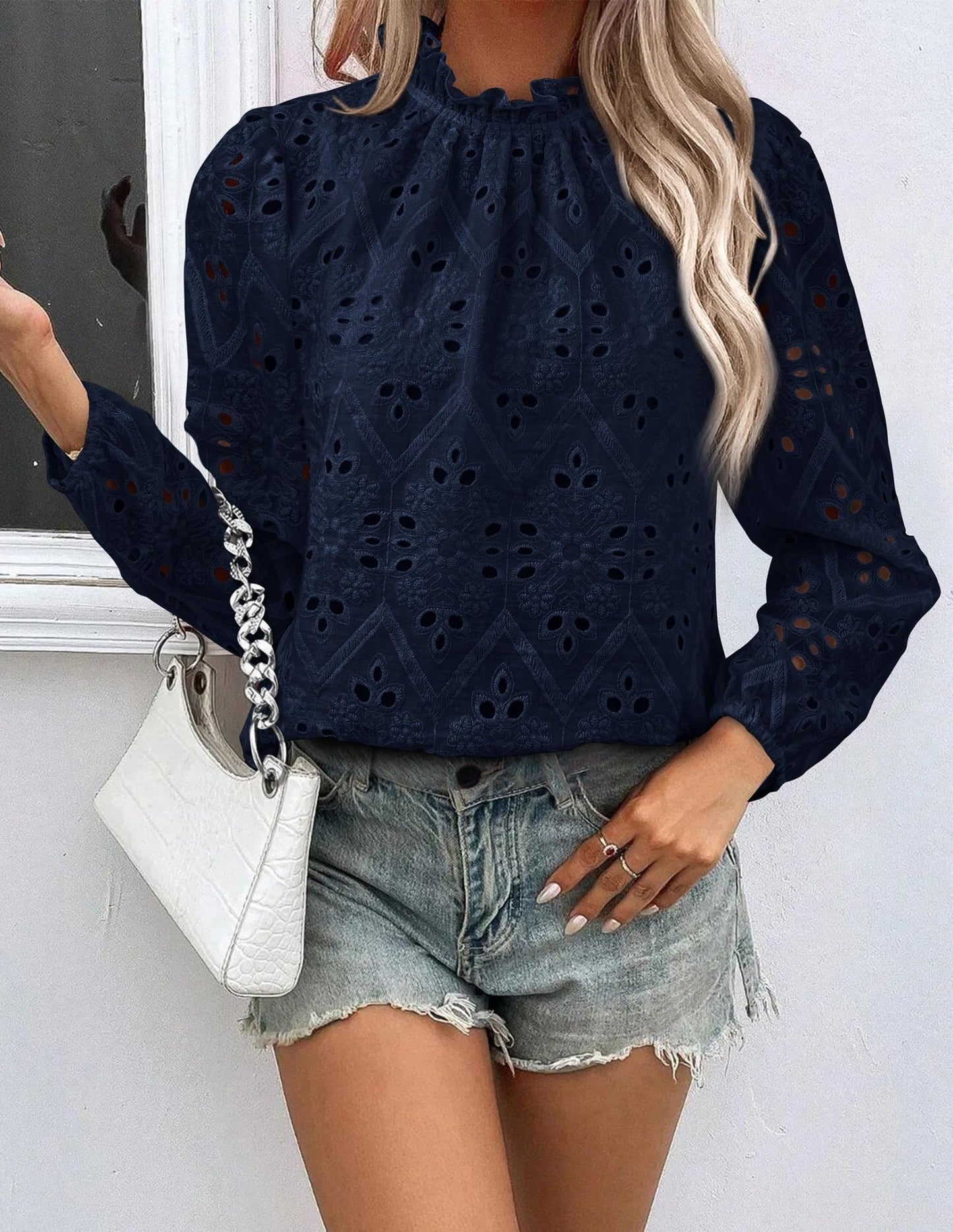 PRETTYGARDEN Womens Blouses Dressy Casual Embroidered Long Puff Sleeve Shirts Ruffle Eyelet Lace Top Fall Clothes (Navy,Medium) - Bella Blue Styles