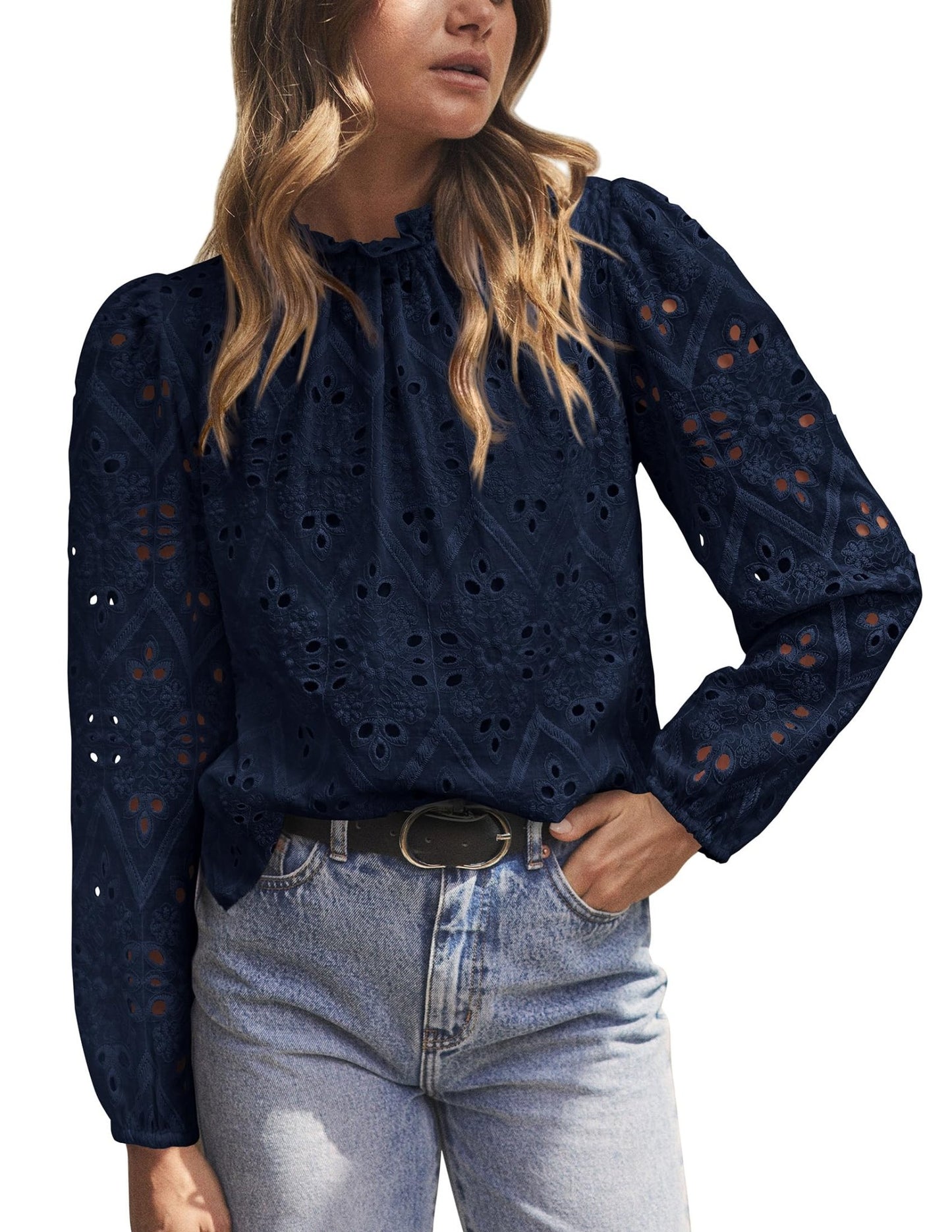 PRETTYGARDEN Womens Blouses Dressy Casual Embroidered Long Puff Sleeve Shirts Ruffle Eyelet Lace Top Fall Clothes (Navy,Medium) - Bella Blue Styles