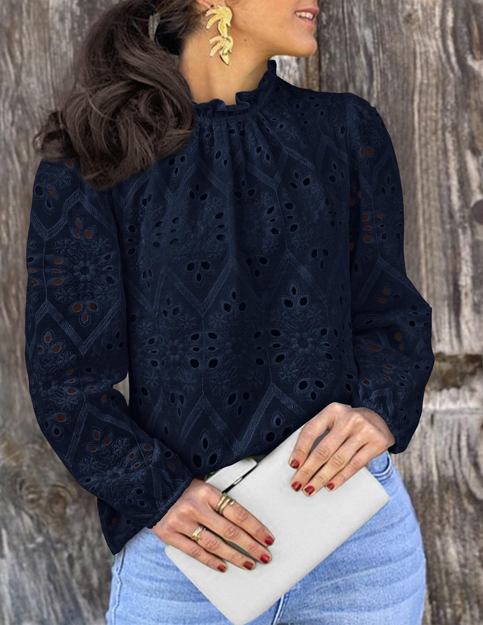 PRETTYGARDEN Womens Blouses Dressy Casual Embroidered Long Puff Sleeve Shirts Ruffle Eyelet Lace Top Fall Clothes (Navy,Medium) - Bella Blue Styles