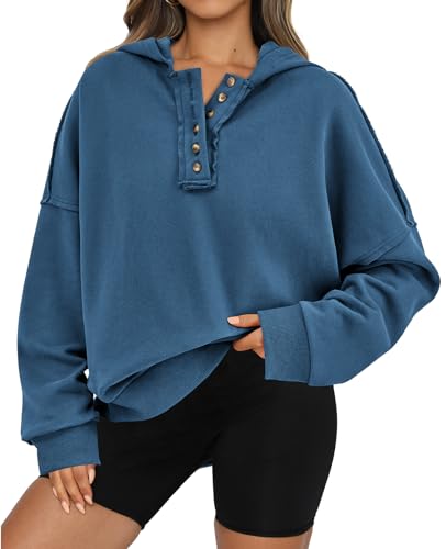 PRETTYGARDEN Womens Cropped Sweatshirt Hoodies Long Sleeve V Neck Button Hooded Pullover Tops 2024 Fall Trendy Outfits (Dark Blue,M) - Bella Blue Styles