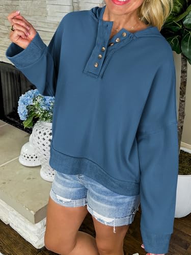 PRETTYGARDEN Womens Cropped Sweatshirt Hoodies Long Sleeve V Neck Button Hooded Pullover Tops 2024 Fall Trendy Outfits (Dark Blue,M) - Bella Blue Styles