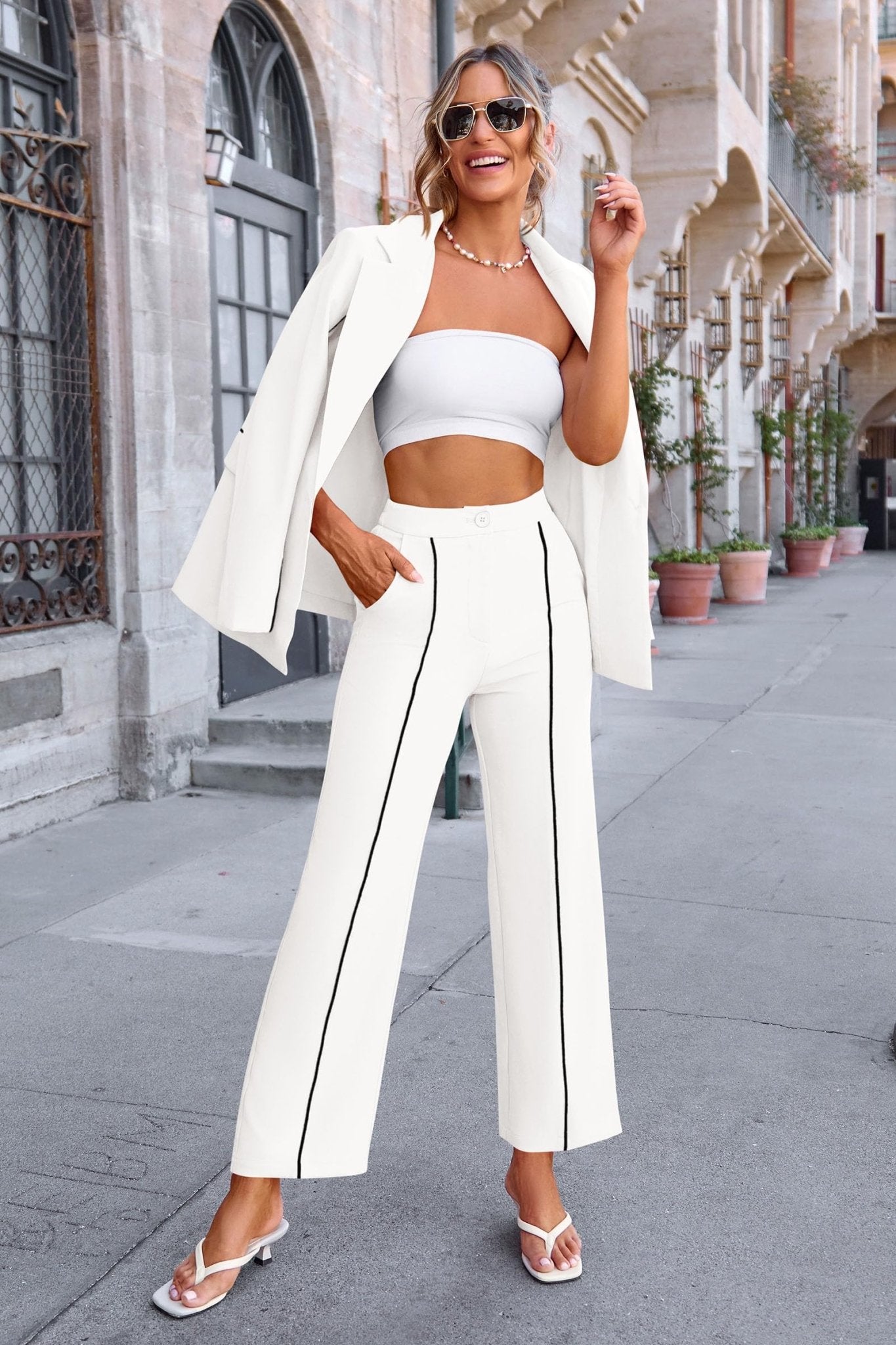 PRETTYGARDEN Women's Fall 2 Piece Blazer Outfits Business Casual Oversized Jacket Wide Leg Work Pants Dressy Suit Set (White,X - Large) - Bella Blue Styles