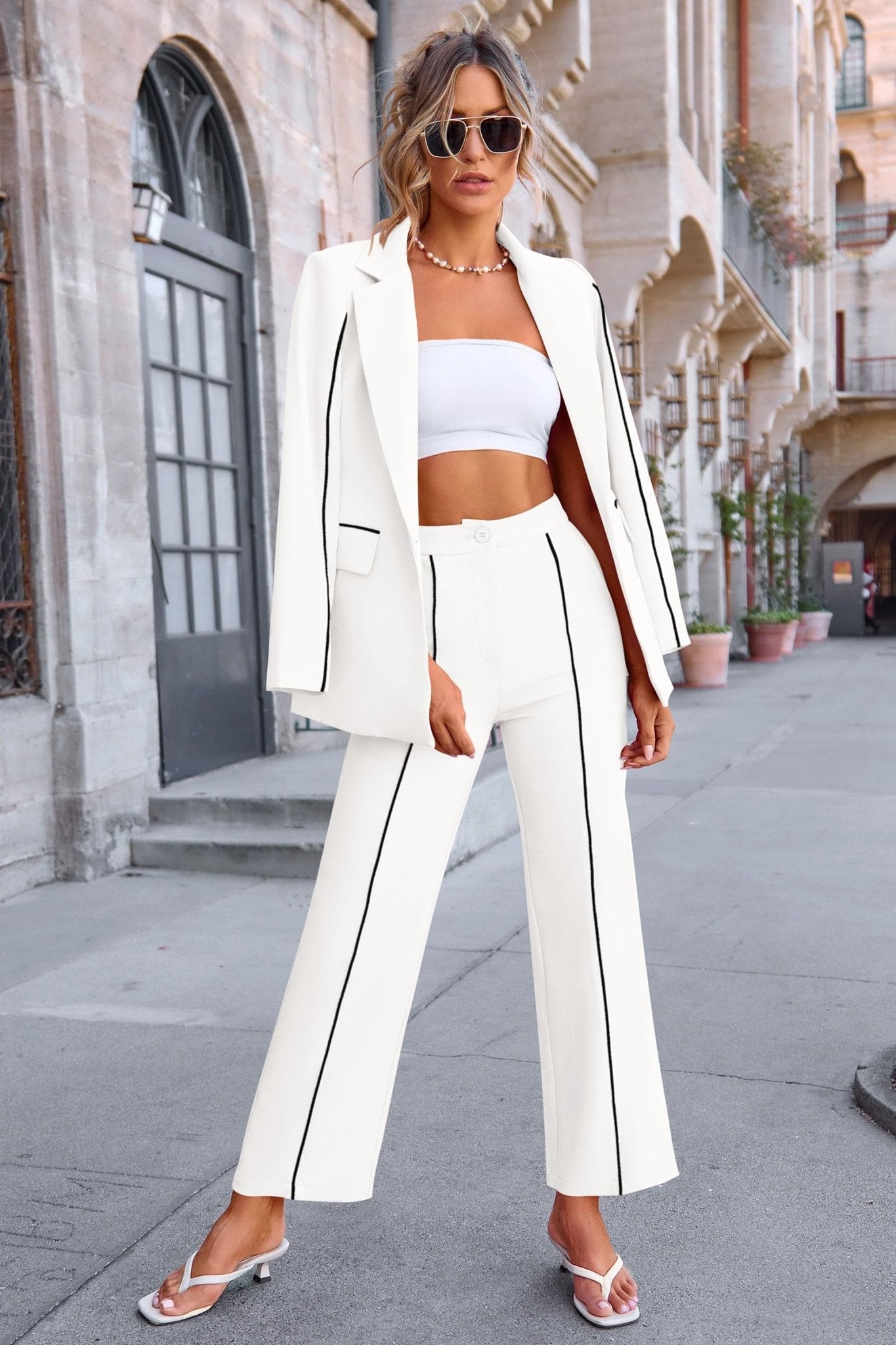 PRETTYGARDEN Women's Fall 2 Piece Blazer Outfits Business Casual Oversized Jacket Wide Leg Work Pants Dressy Suit Set (White,X - Large) - Bella Blue Styles