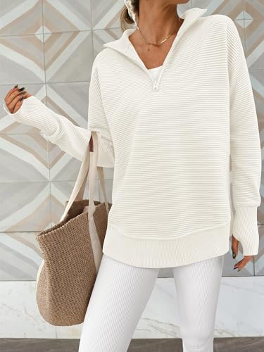 PRETTYGARDEN Womens Long Sleeve Quarter Zip Pullover Sweater Casual Loose V Neck Collared Ribbed Knit Jumper Tops Thumb Hole(Beige White,X - Large) - Bella Blue Styles