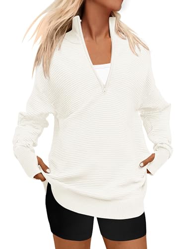 PRETTYGARDEN Womens Long Sleeve Quarter Zip Pullover Sweater Casual Loose V Neck Collared Ribbed Knit Jumper Tops Thumb Hole(Beige White,X - Large) - Bella Blue Styles