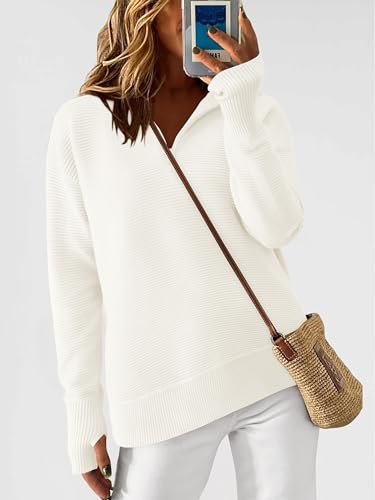 PRETTYGARDEN Womens Long Sleeve Quarter Zip Pullover Sweater Casual Loose V Neck Collared Ribbed Knit Jumper Tops Thumb Hole(Beige White,X - Large) - Bella Blue Styles