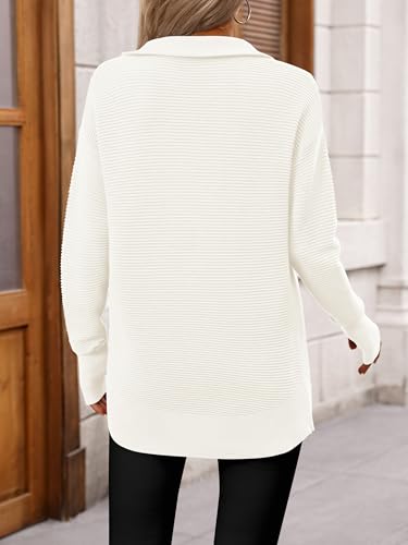 PRETTYGARDEN Womens Long Sleeve Quarter Zip Pullover Sweater Casual Loose V Neck Collared Ribbed Knit Jumper Tops Thumb Hole(Beige White,X - Large) - Bella Blue Styles