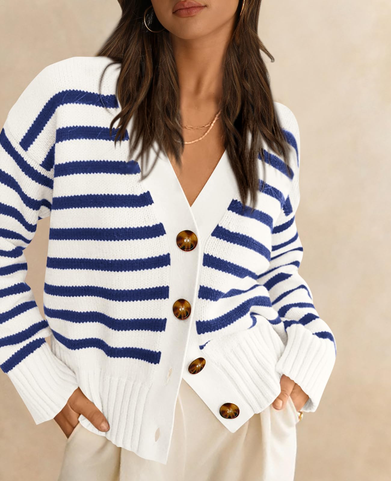 PRETTYGARDEN Women's Long Sleeve Striped Open Front Cardigan Sweaters Button Down Knit Lady Jackets 2024 Fall Outfits (Striped White Dark Blue, Large) - Bella Blue Styles