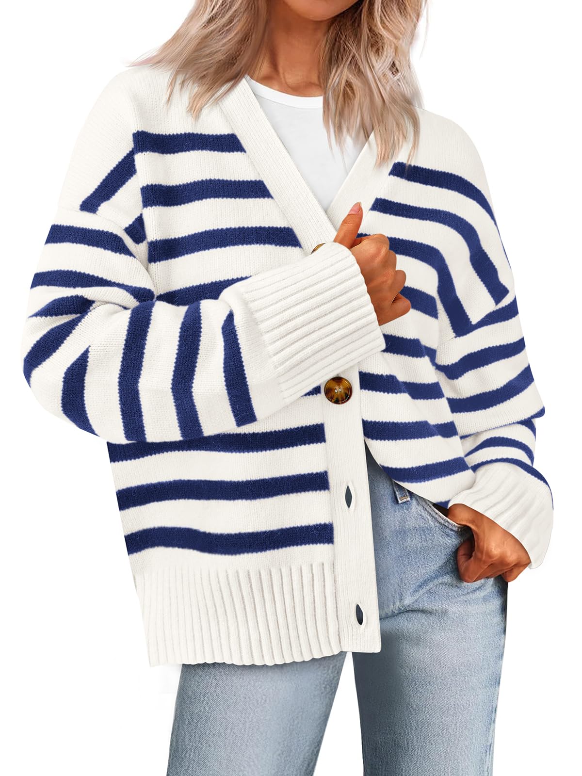 PRETTYGARDEN Women's Long Sleeve Striped Open Front Cardigan Sweaters Button Down Knit Lady Jackets 2024 Fall Outfits (Striped White Dark Blue, Large) - Bella Blue Styles