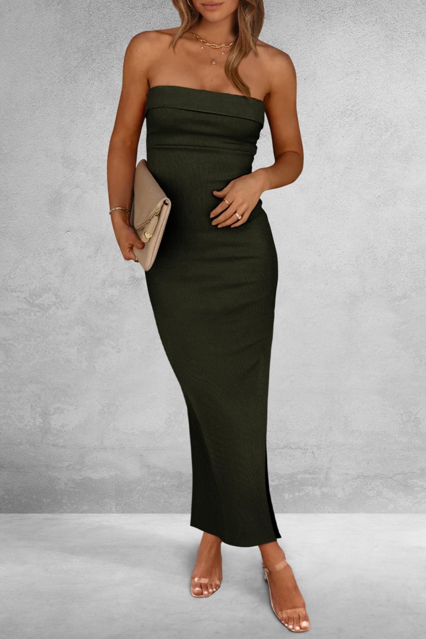 PRETTYGARDEN Women's Summer Bodycon Maxi Tube Dress Ribbed Strapless Side Slit Long Going Out Casual Elegant Party Dresses (Army Green,Small) - Bella Blue Styles