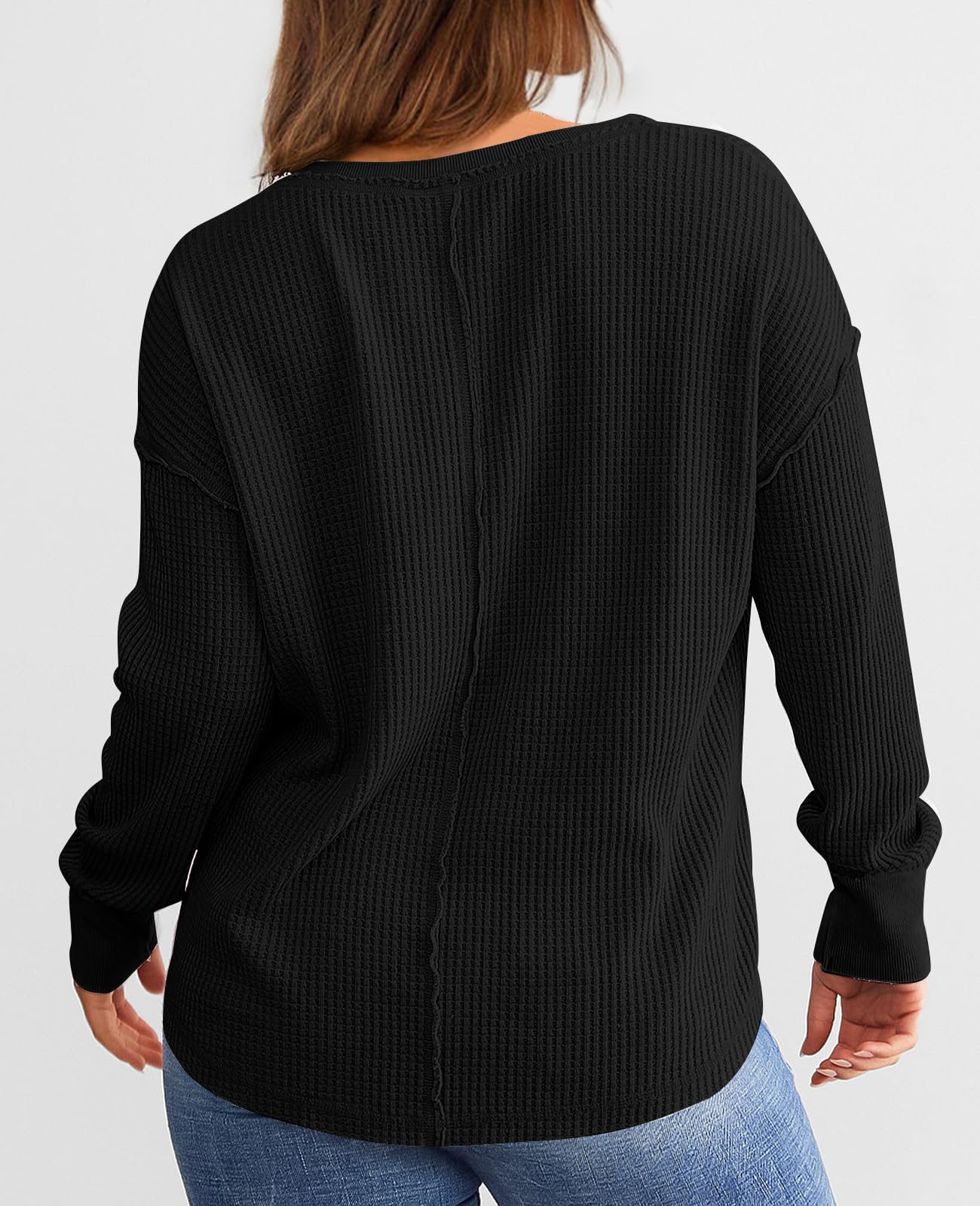 PRETTYGARDEN Womens Waffle Knit Long Sleeve Shirts V Neck Solid Color Casual Drop Shoulder Pullover Exposed Seam Fall Tops (Black, Large) - Bella Blue Styles