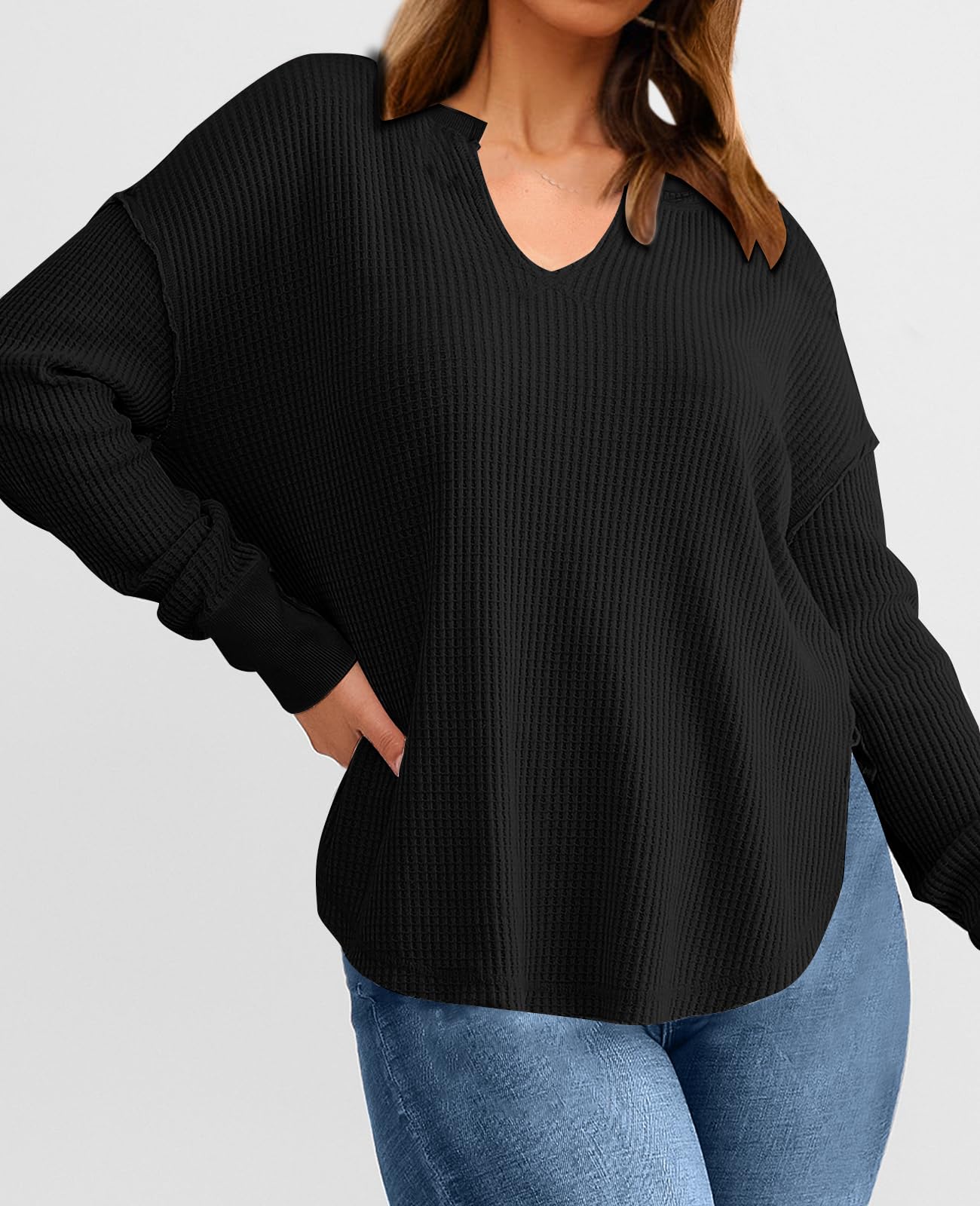 PRETTYGARDEN Womens Waffle Knit Long Sleeve Shirts V Neck Solid Color Casual Drop Shoulder Pullover Exposed Seam Fall Tops (Black, Large) - Bella Blue Styles