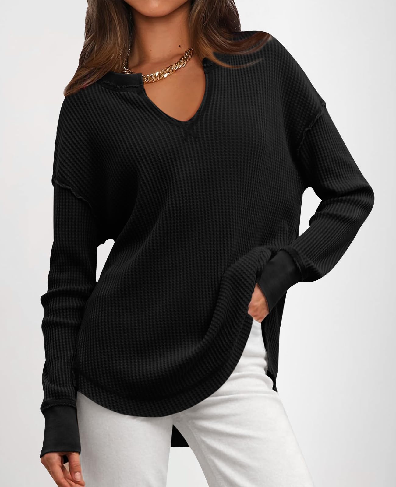 PRETTYGARDEN Womens Waffle Knit Long Sleeve Shirts V Neck Solid Color Casual Drop Shoulder Pullover Exposed Seam Fall Tops (Black, Large) - Bella Blue Styles