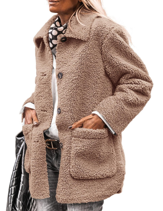 PRETTYGARDEN Women's Winter Faux Fur Coats Long Sleeve Lapel Button Down Pockets Fleece Sherpa Jacket Casual Trendy Outerwear (Camel,X - Large) - Bella Blue Styles