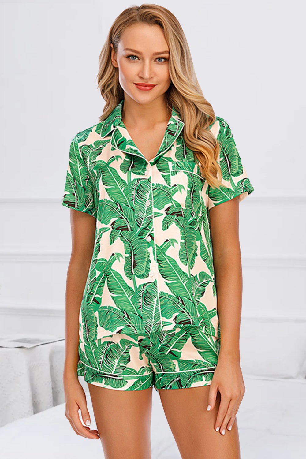 Printed Button Up Short Sleeve Top and Shorts Lounge Set - Bella Blue Styles