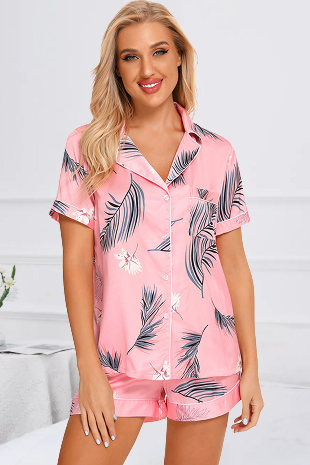 Printed Button Up Short Sleeve Top and Shorts Lounge Set - Bella Blue Styles