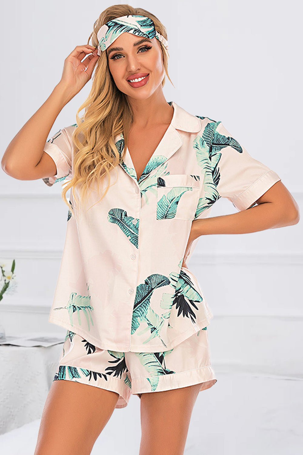 Printed Button Up Short Sleeve Top and Shorts Lounge Set - Bella Blue Styles