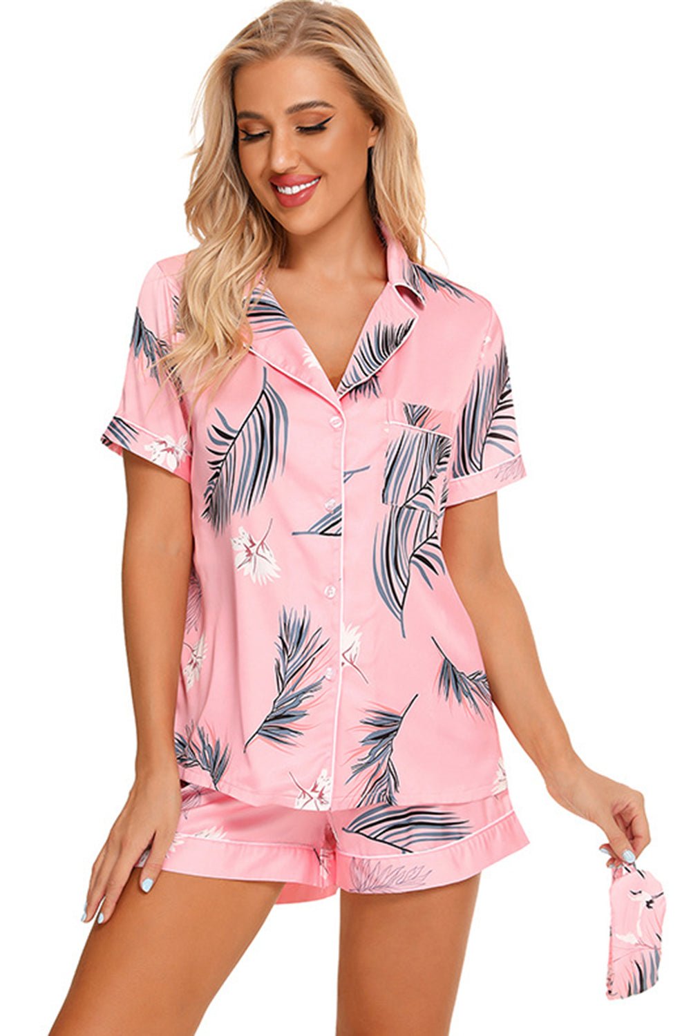 Printed Button Up Short Sleeve Top and Shorts Lounge Set - Bella Blue Styles