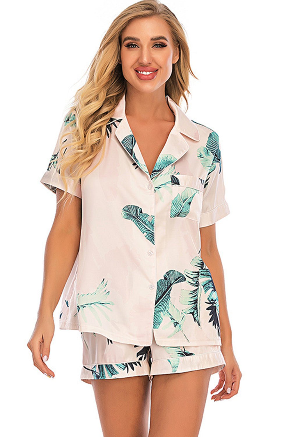 Printed Button Up Short Sleeve Top and Shorts Lounge Set - Bella Blue Styles