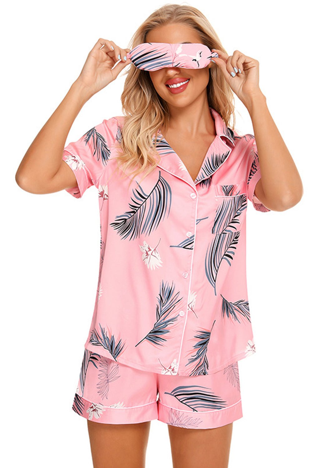 Printed Button Up Short Sleeve Top and Shorts Lounge Set - Bella Blue Styles