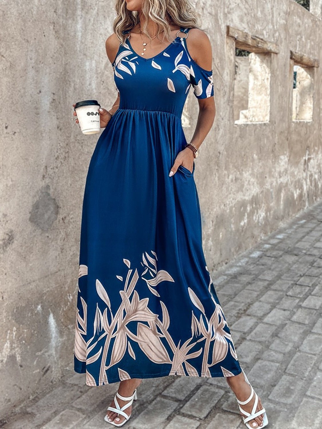 Printed Cold Shoulder Short Sleeve Maxi Dress - Bella Blue Styles