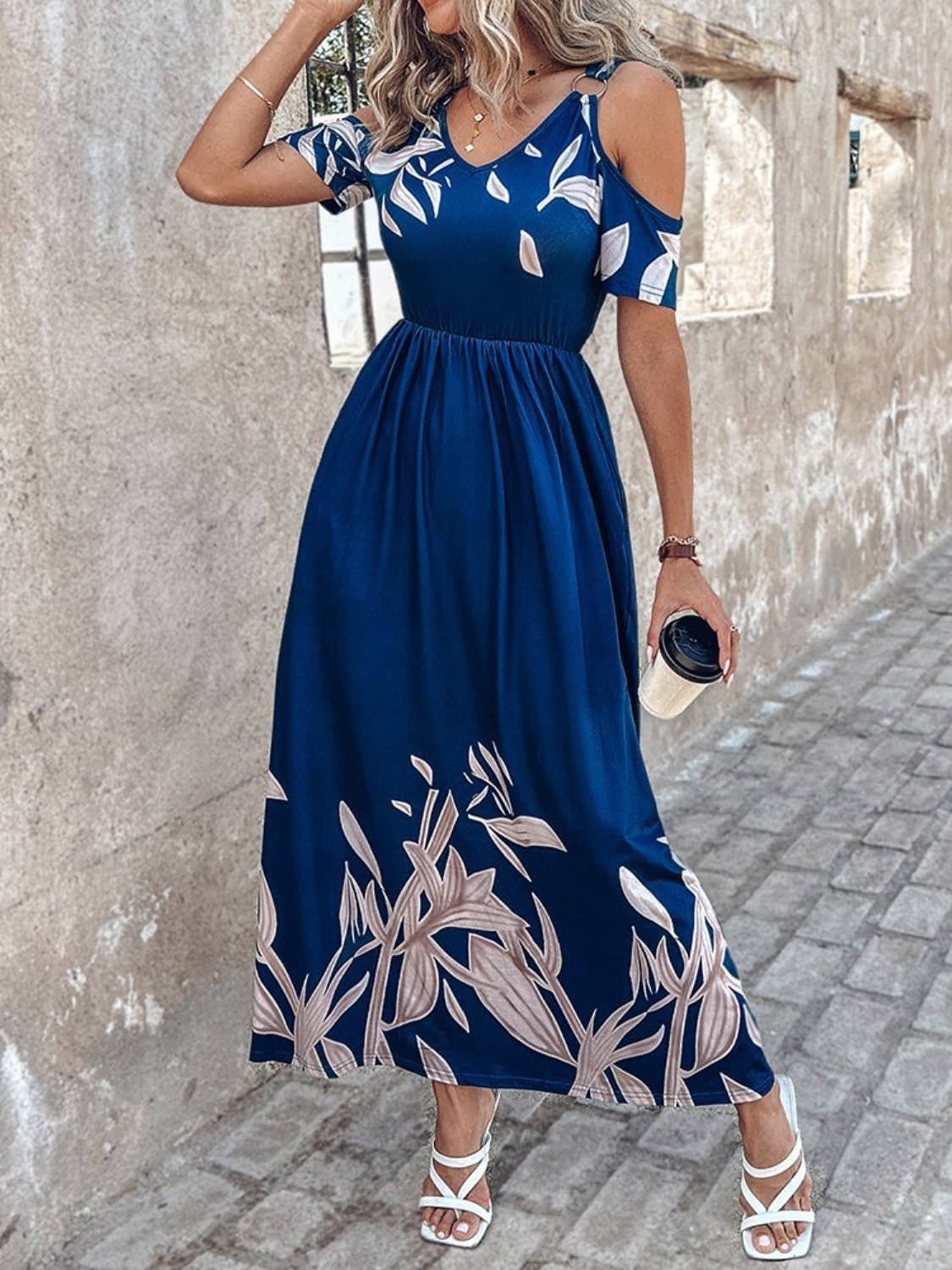 Printed Cold Shoulder Short Sleeve Maxi Dress - Bella Blue Styles