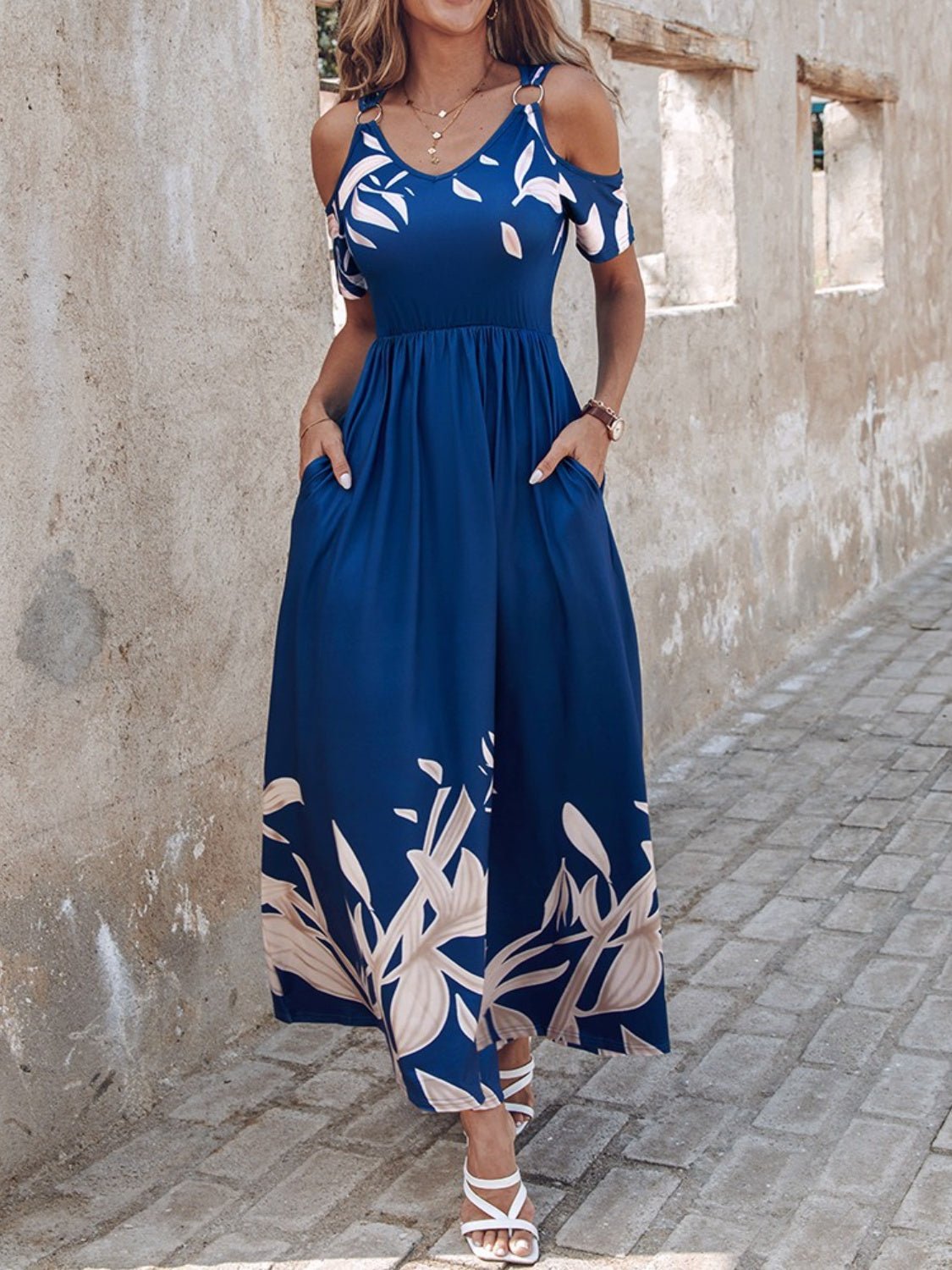 Printed Cold Shoulder Short Sleeve Maxi Dress - Bella Blue Styles