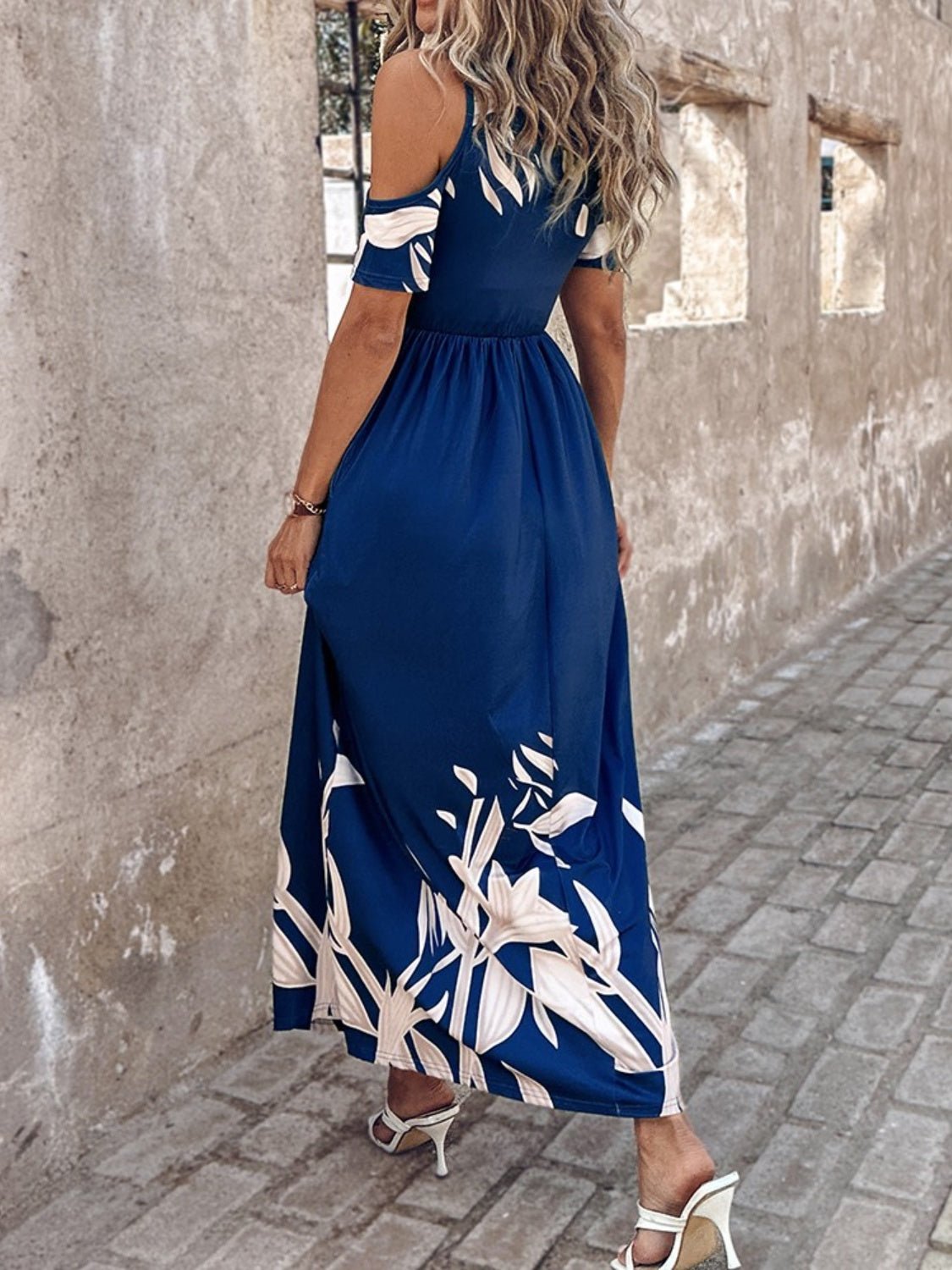 Printed Cold Shoulder Short Sleeve Maxi Dress - Bella Blue Styles