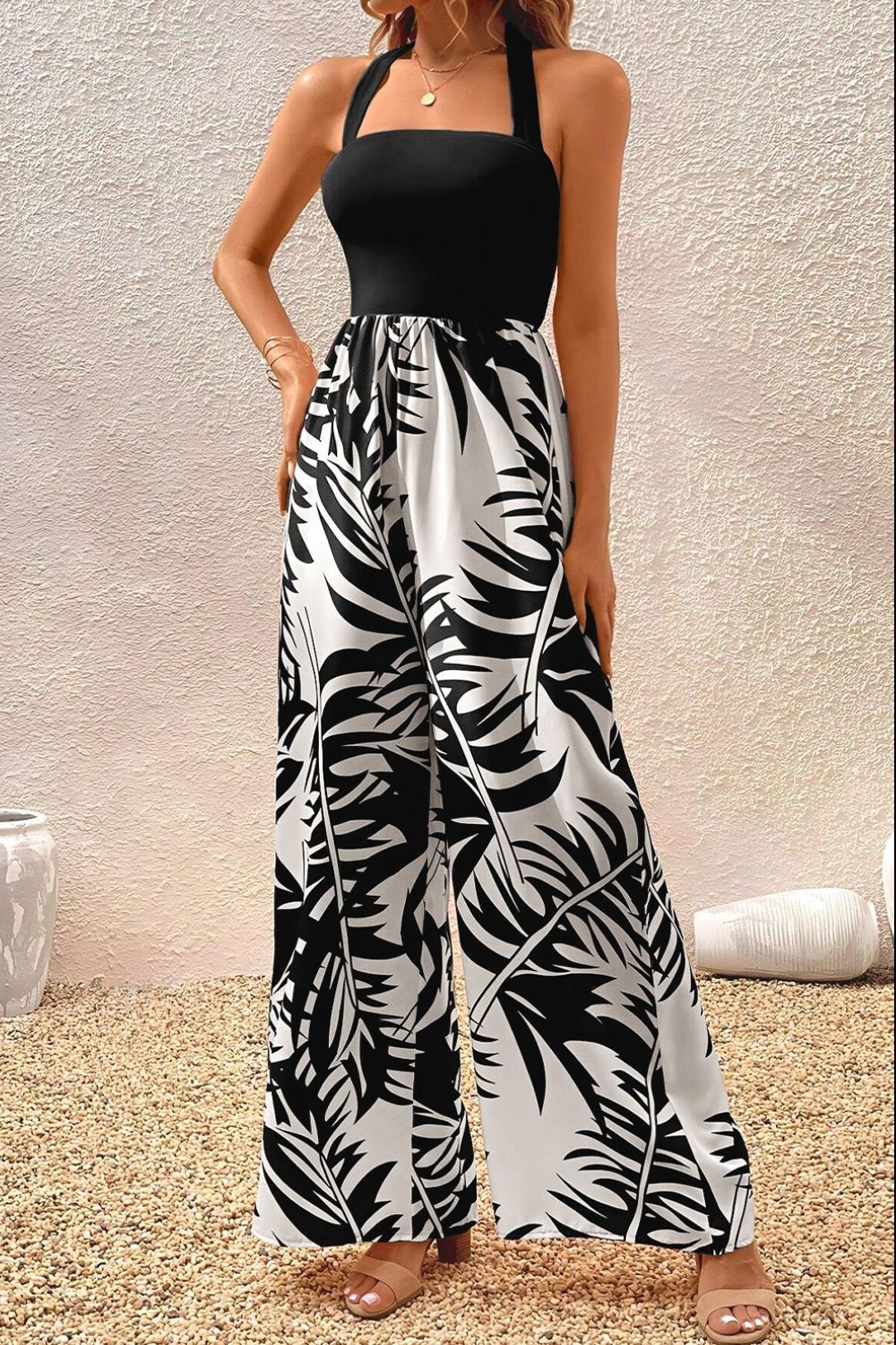 Printed Halter Wide Leg Jumpsuit - Bella Blue Styles