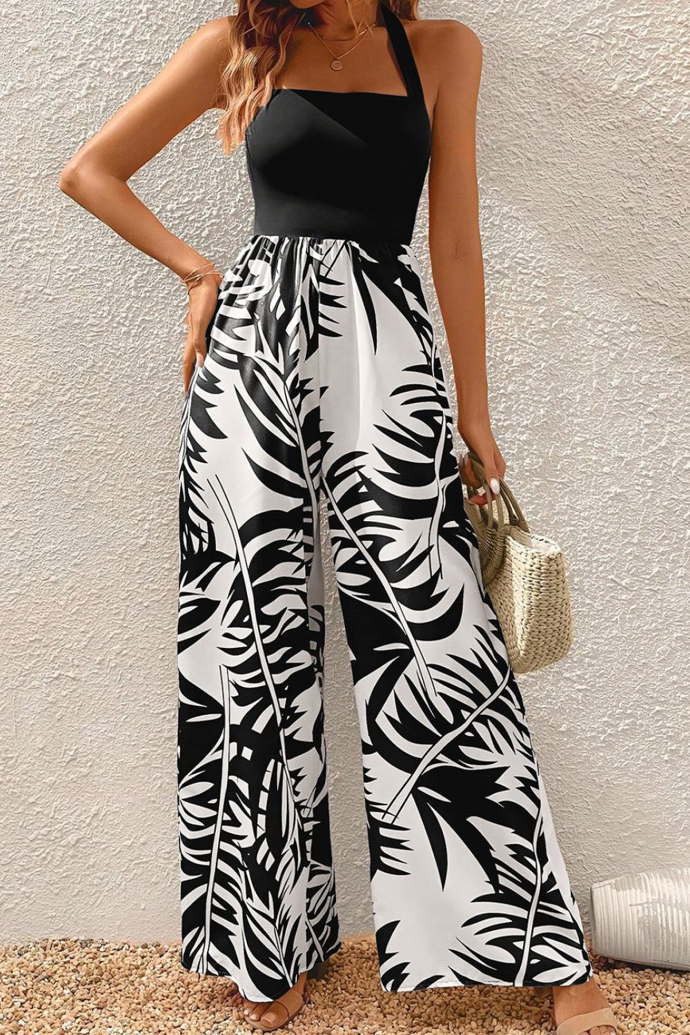 Printed Halter Wide Leg Jumpsuit - Bella Blue Styles