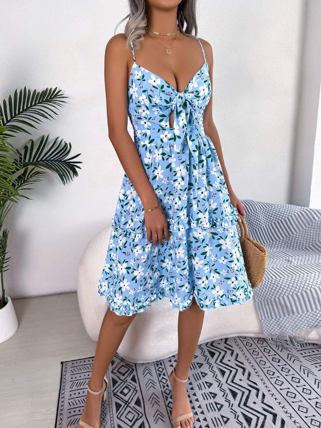 Printed Plunge Cap Sleeve Cami Dress - Bella Blue Styles