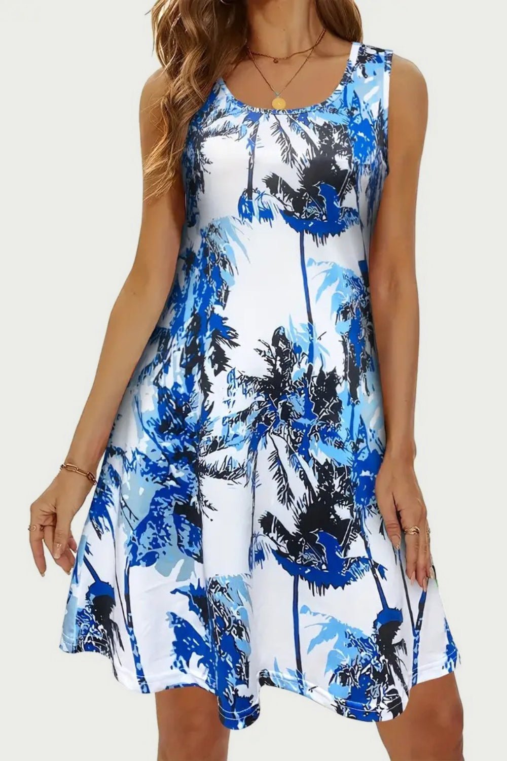 Printed Scoop Neck Wide Strap Mini Dress - Bella Blue Styles