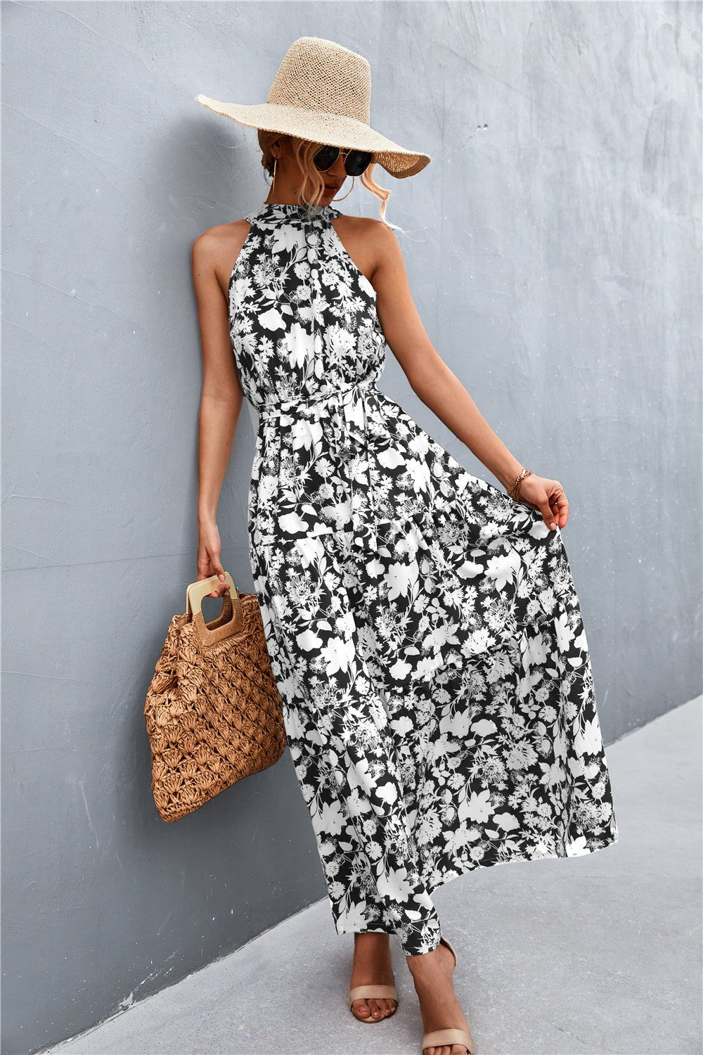 Printed Sleeveless Tie Waist Maxi Dress - Bella Blue Styles