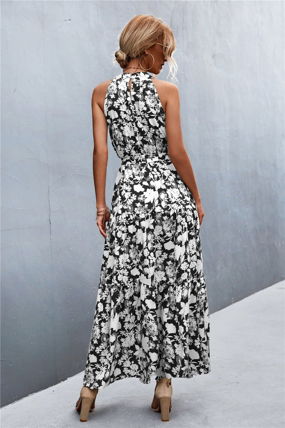 Printed Sleeveless Tie Waist Maxi Dress - Bella Blue Styles