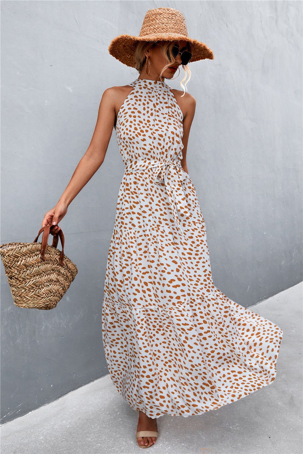 Printed Sleeveless Tie Waist Maxi Dress - Bella Blue Styles