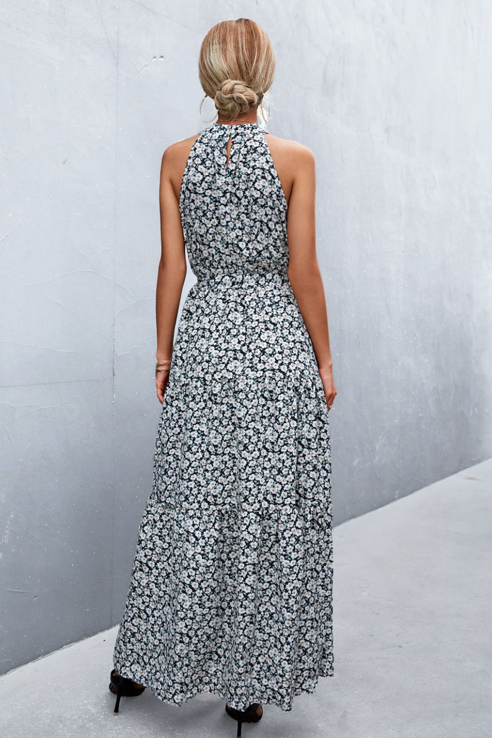 Printed Sleeveless Tie Waist Maxi Dress - Bella Blue Styles