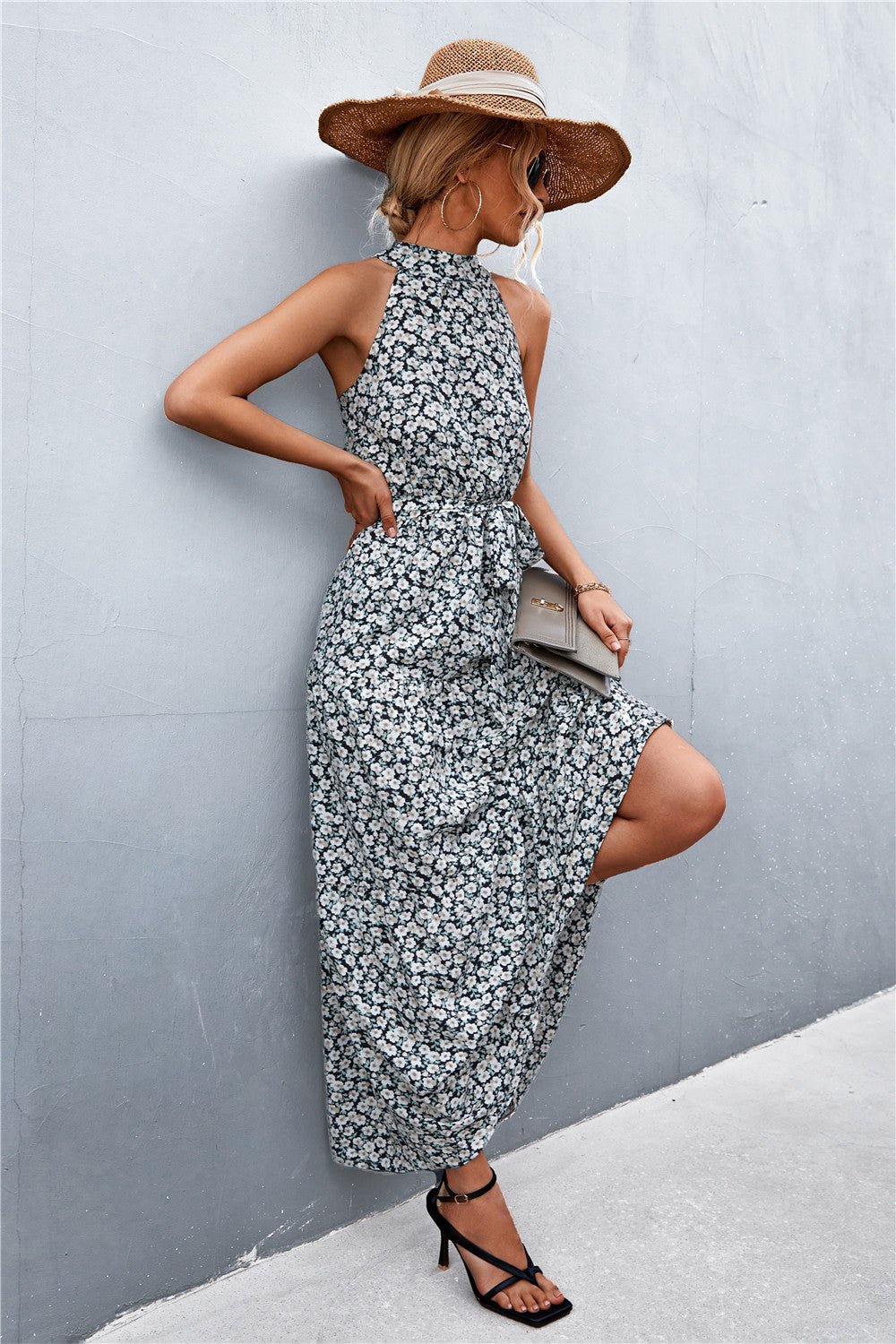 Printed Sleeveless Tie Waist Maxi Dress - Bella Blue Styles