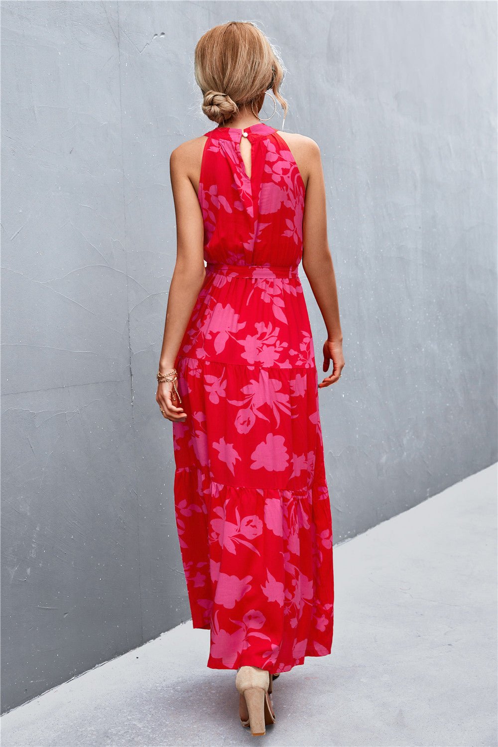 Printed Sleeveless Tie Waist Maxi Dress - Bella Blue Styles