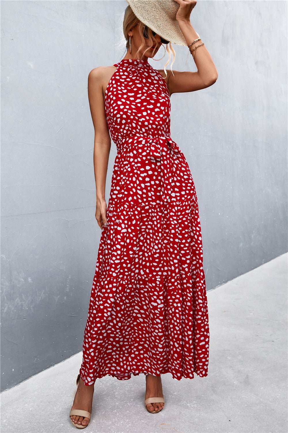 Printed Sleeveless Tie Waist Maxi Dress - Bella Blue Styles