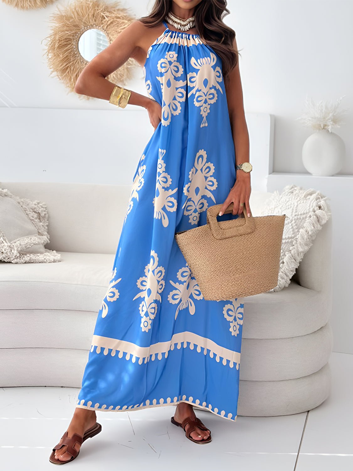 Printed Spaghetti Strap Sleeveless Maxi Dress - Bella Blue Styles