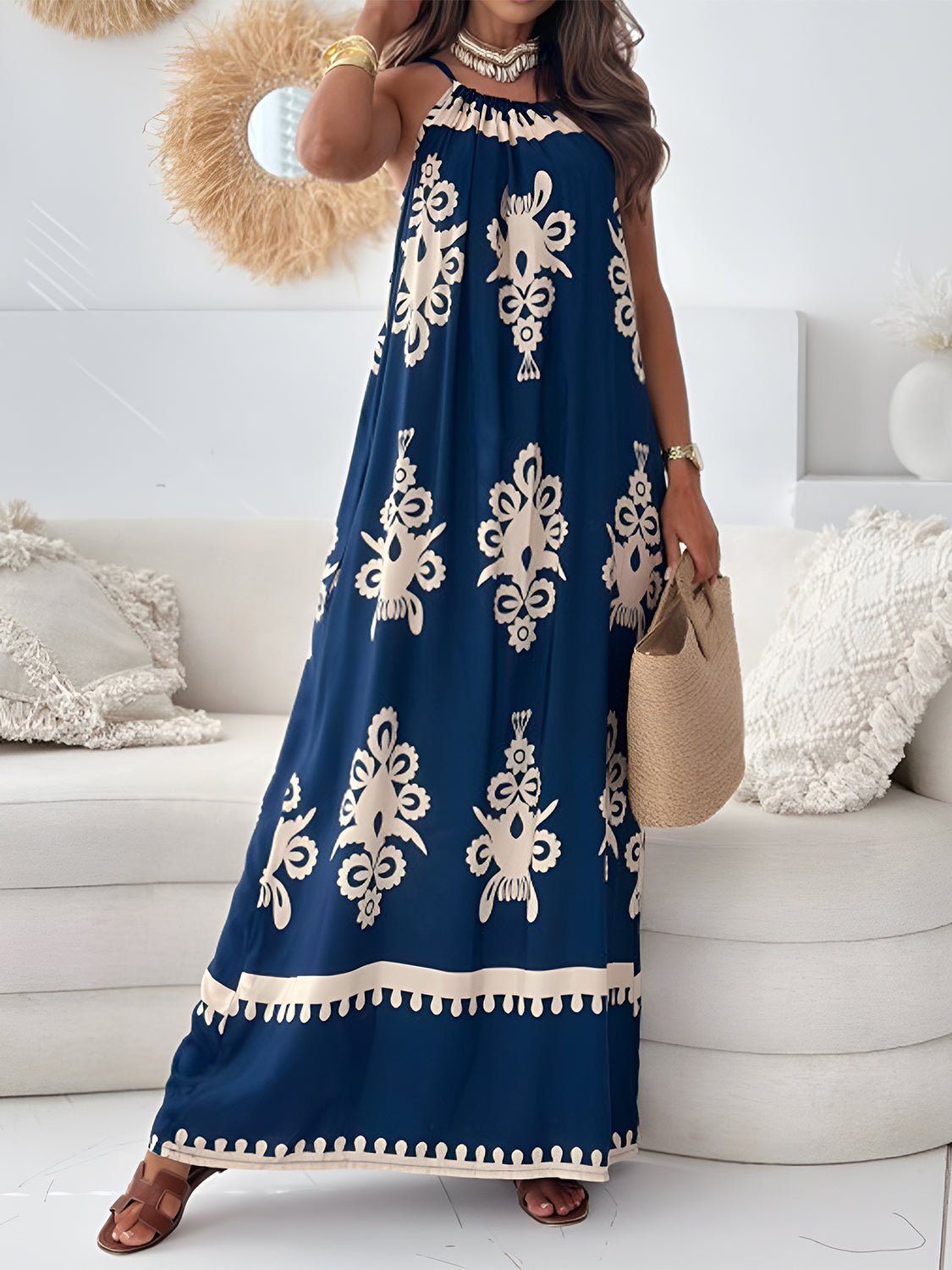 Printed Spaghetti Strap Sleeveless Maxi Dress - Bella Blue Styles