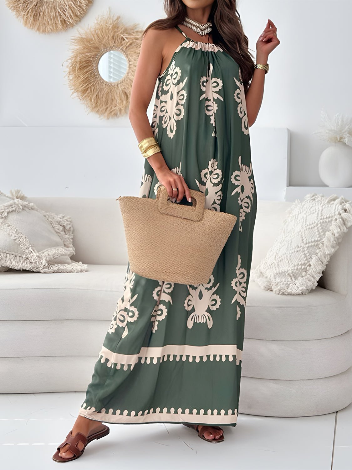 Printed Spaghetti Strap Sleeveless Maxi Dress - Bella Blue Styles