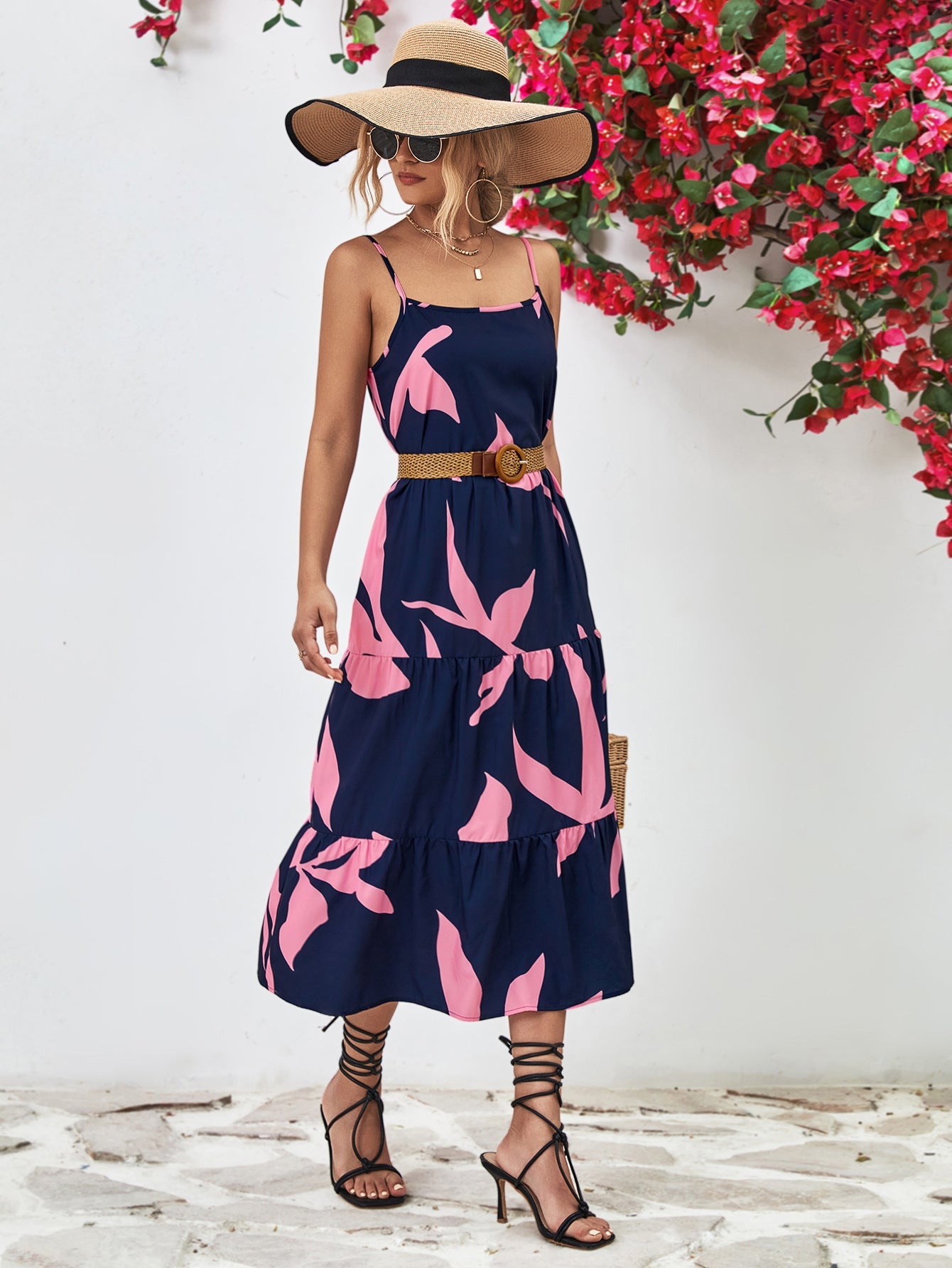 Printed Spaghetti Strap Tiered Midi Dress - Bella Blue Styles