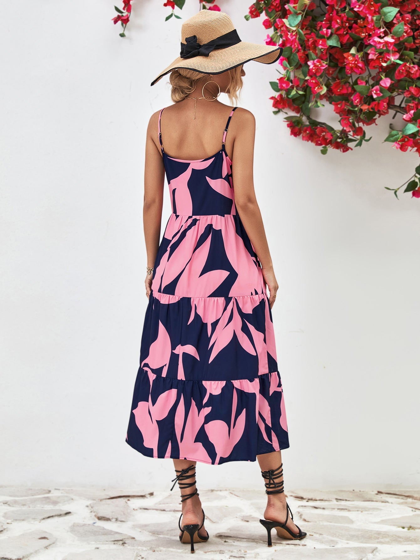 Printed Spaghetti Strap Tiered Midi Dress - Bella Blue Styles