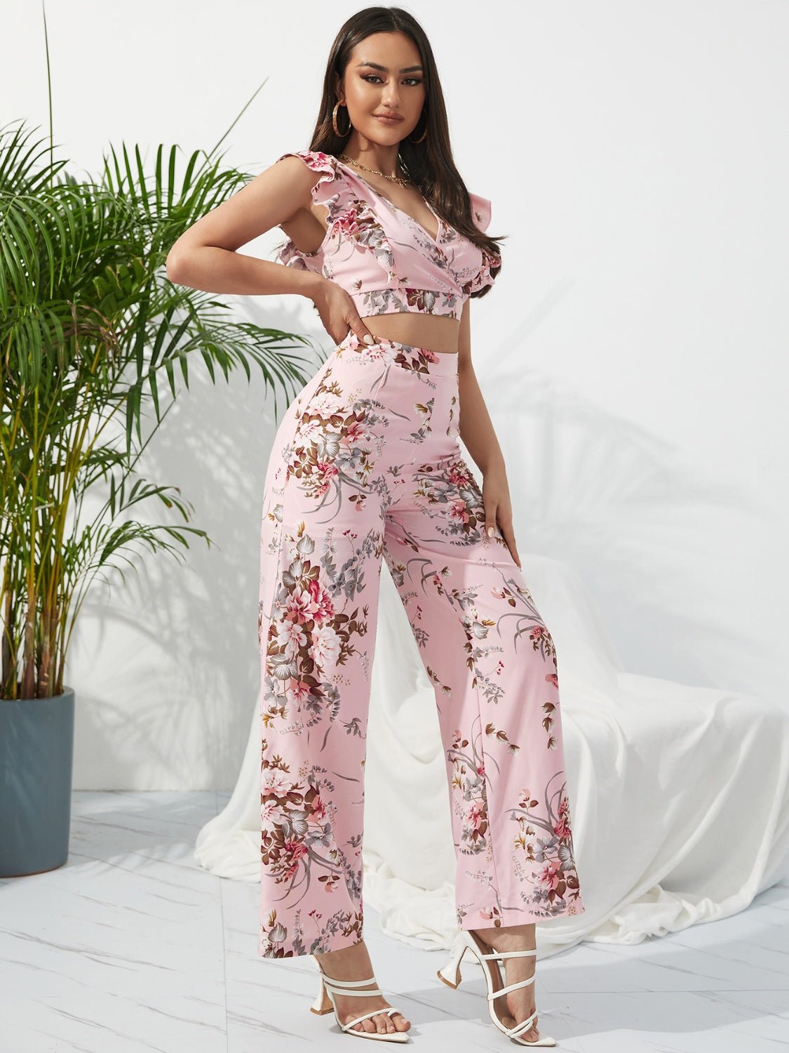 Printed Surplice Cap Sleeve Top and Pants Set - Bella Blue Styles