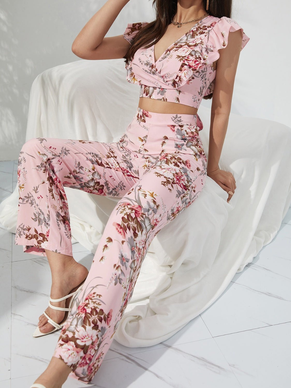 Printed Surplice Cap Sleeve Top and Pants Set - Bella Blue Styles