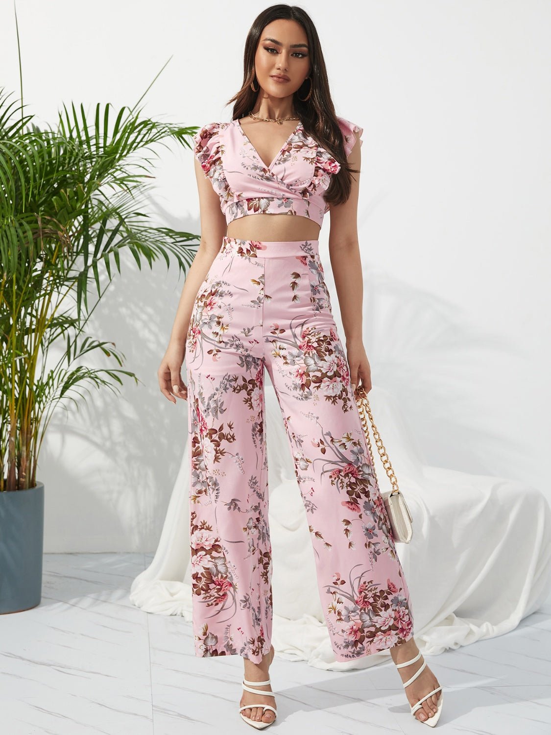 Printed Surplice Cap Sleeve Top and Pants Set - Bella Blue Styles