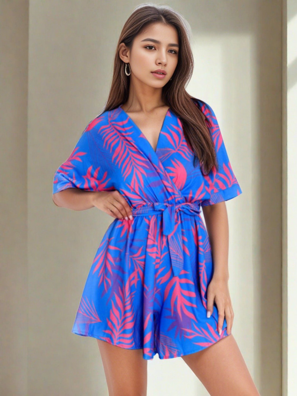 Printed Surplice Half Sleeve Romper - Bella Blue Styles