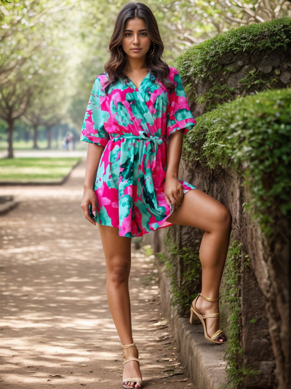 Printed Surplice Half Sleeve Romper - Bella Blue Styles